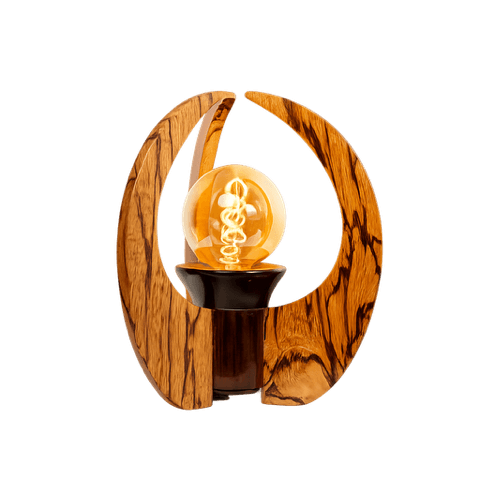 Lampe artisanale en bois serpent avec centre en ébène vert et ampoule globe vintage.