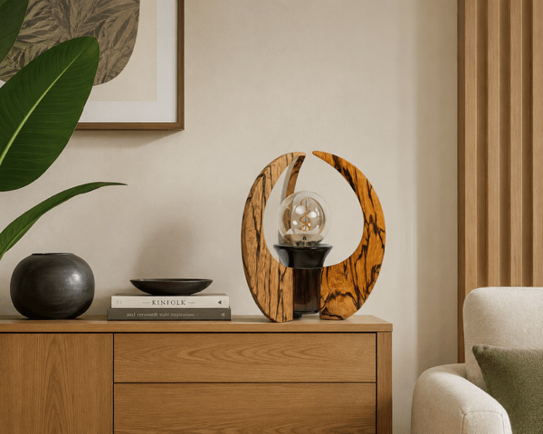 Lampe artisanale en bois serpent avec centre en ébène vert et ampoule globe vintage.