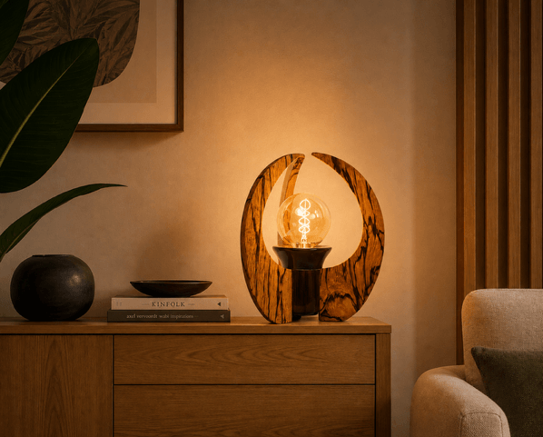 Lampe artisanale en bois serpent avec centre en ébène vert et ampoule globe vintage.