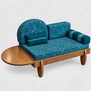 Banquette artisanale en wacapou avec coussins en tissu haut de gamme bleu turquoise, création MO TI PIE BWA en Guyane
